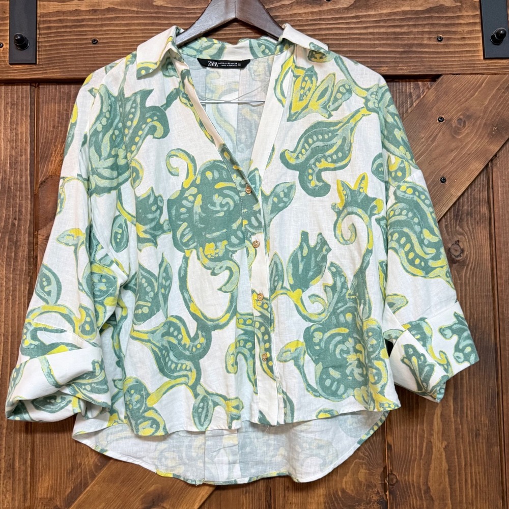 Zara Womens XS Linen Blend Abstract Floral Button Down Shirt Green Yellow White